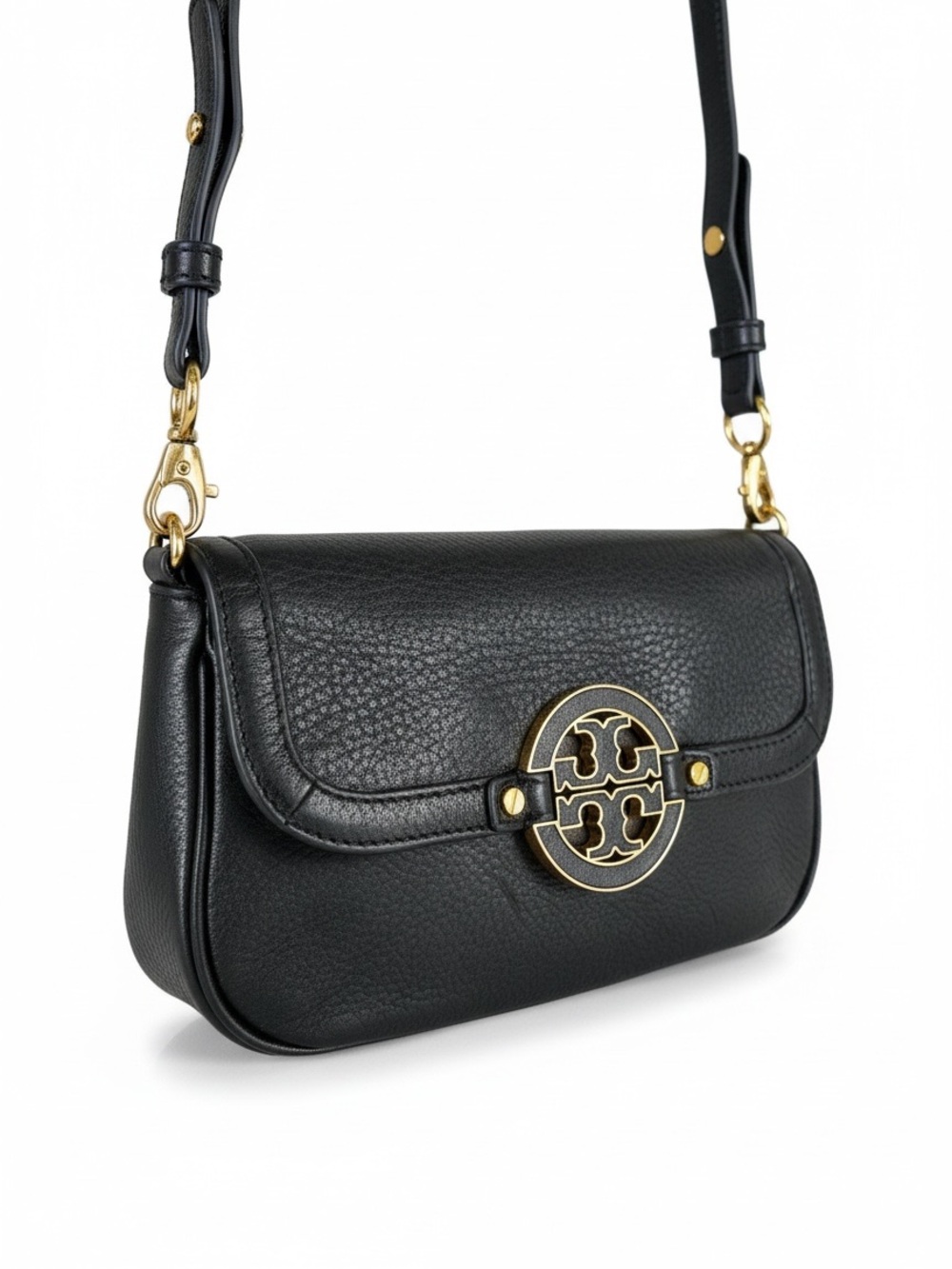 Tory Burch Black Pebbled Leather Crossbody with Gold Logo